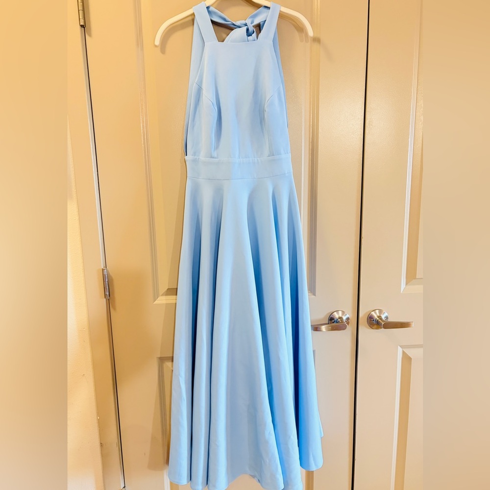 Elagia Bowtie V-line Open Back Powder Blue Ankle Length Dress